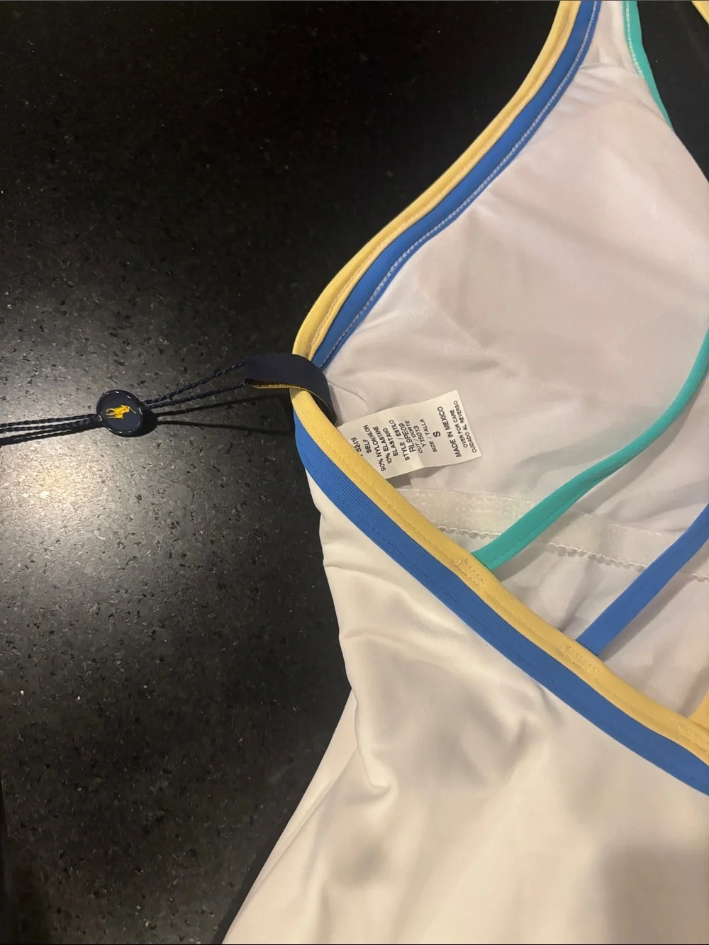 Ralph Lauren White One-Piece Swimsuit with Blue, Teal and Yellow Trim